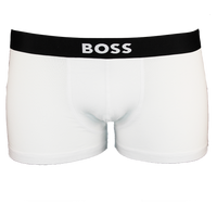 White boxer trunks with a black 'BOSS' waistband on a white background