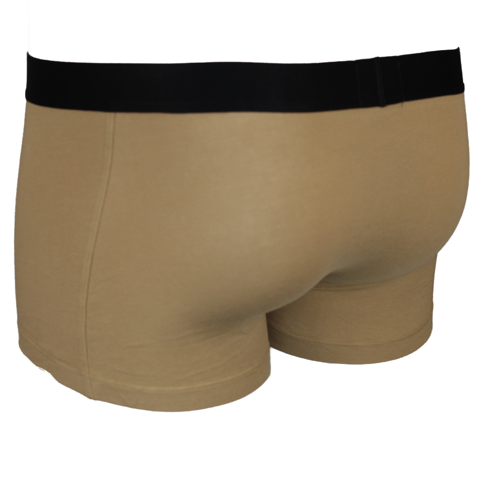 Beige boxer trunks with a black waistband on a white background