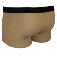 Beige boxer trunks with a black waistband on a white background