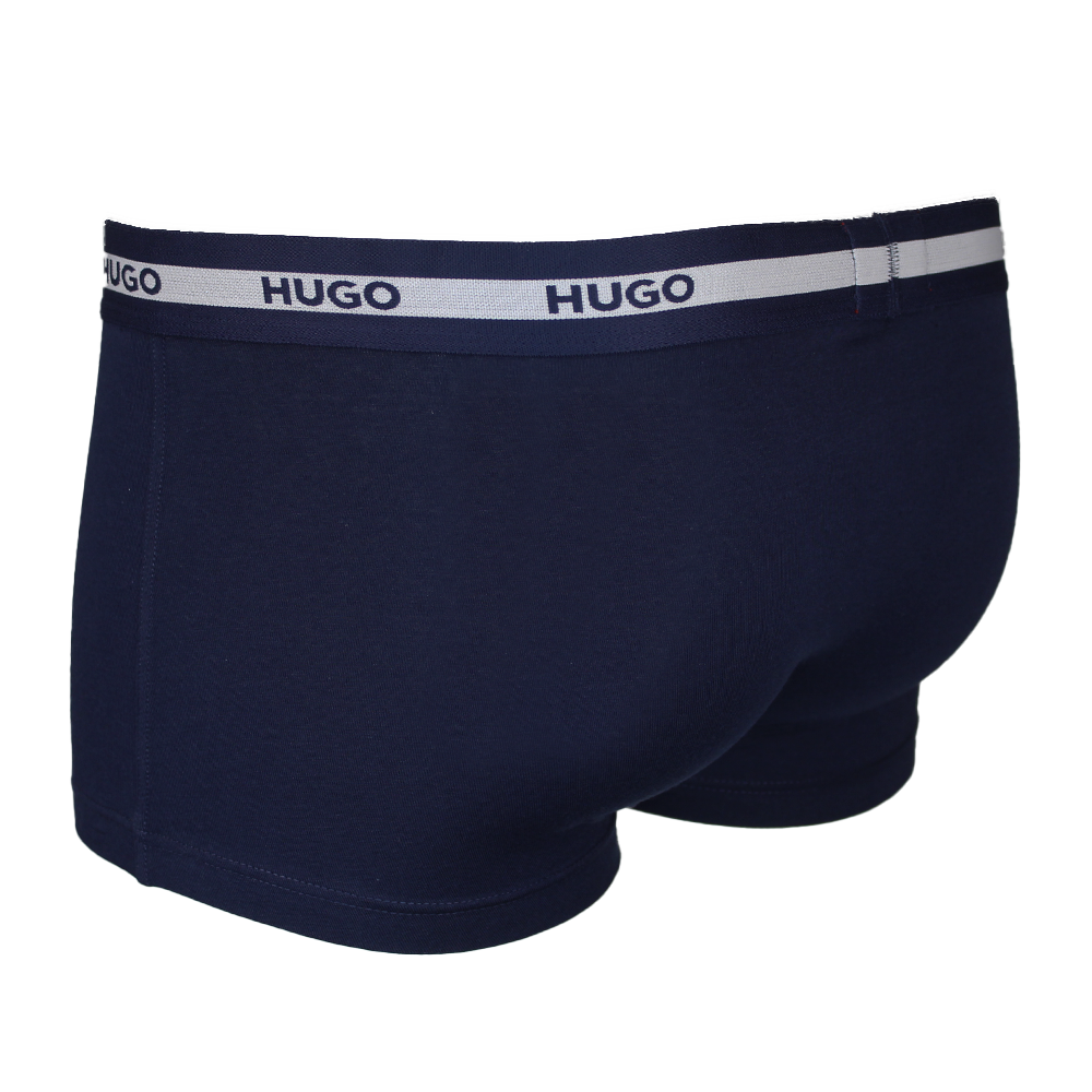 Navy blue boxer briefs with a white waistband featuring 'HUGO' branding on a white background.