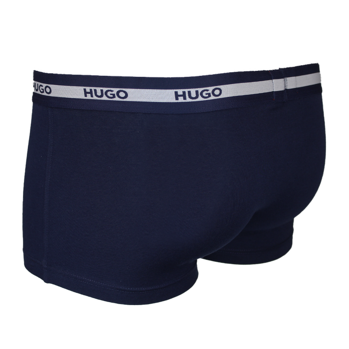 Navy blue boxer briefs with a white waistband featuring 'HUGO' branding on a white background.
