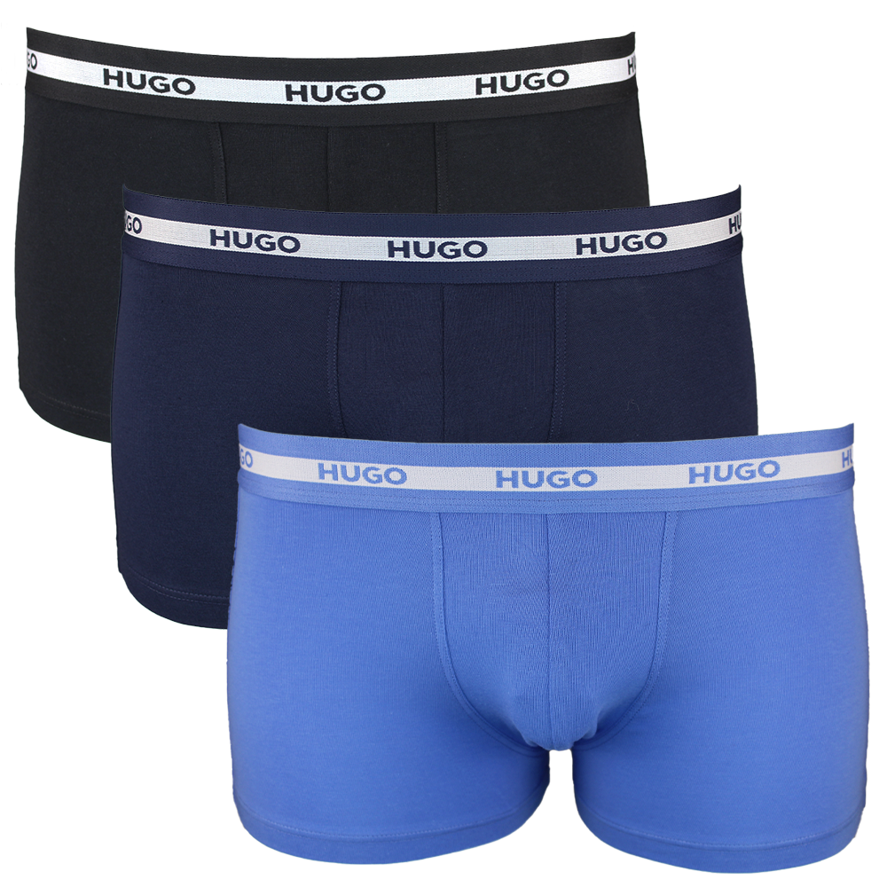 Three pairs of Hugo boxer briefs in black, navy, and blue with white waistbands on a white background.