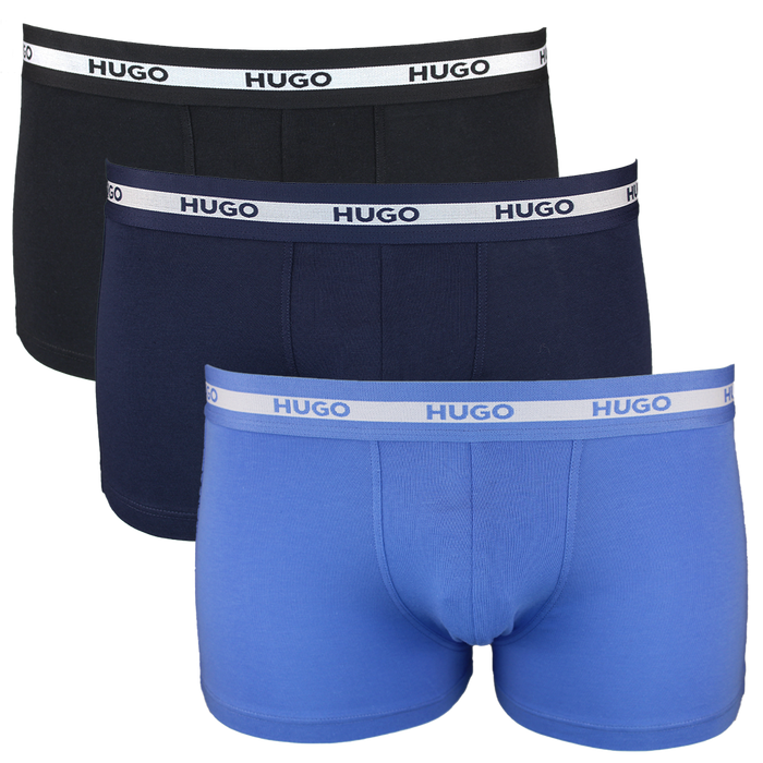 Three pairs of Hugo boxer briefs in black, navy, and blue with white waistbands on a white background.