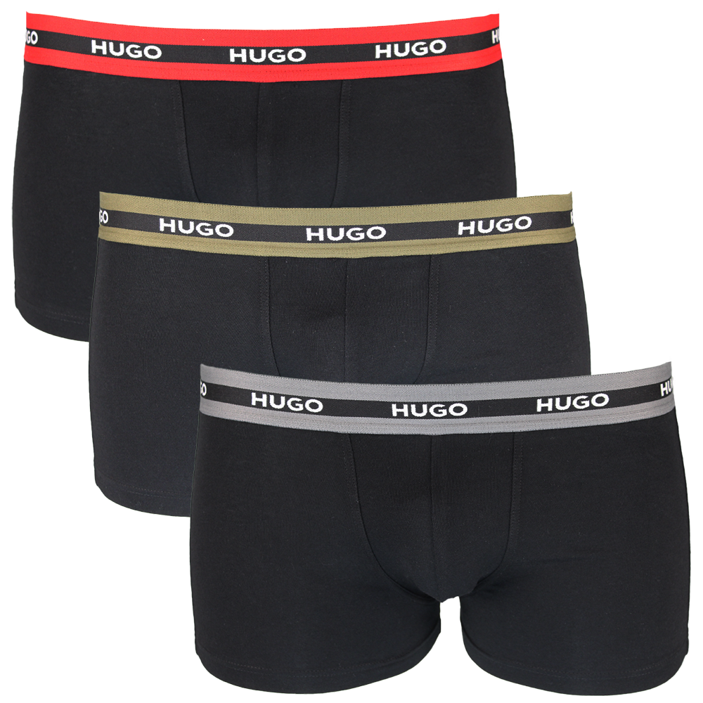 Three black boxer trunks with HUGO branded coloured waistbands