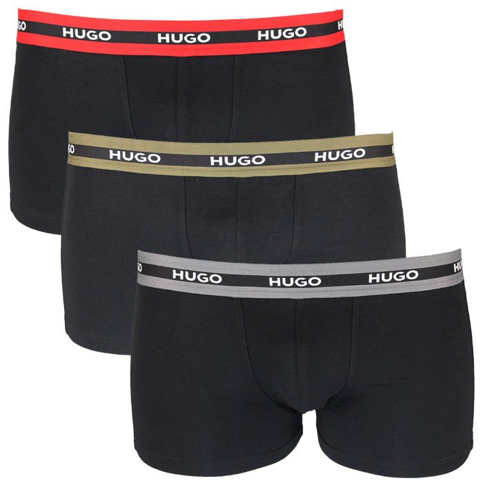 Three black boxer trunks with HUGO branded coloured waistbands