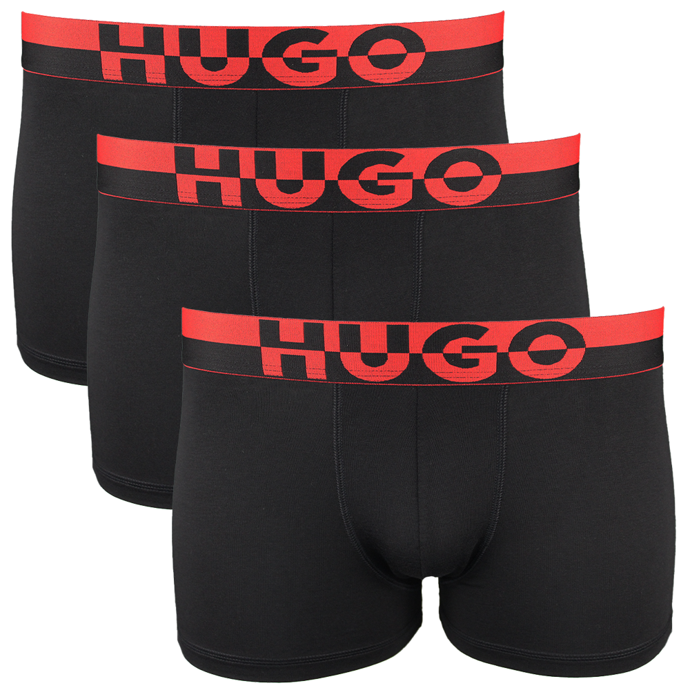 Three black modal boxer trunks with split Hugo logo waistband.