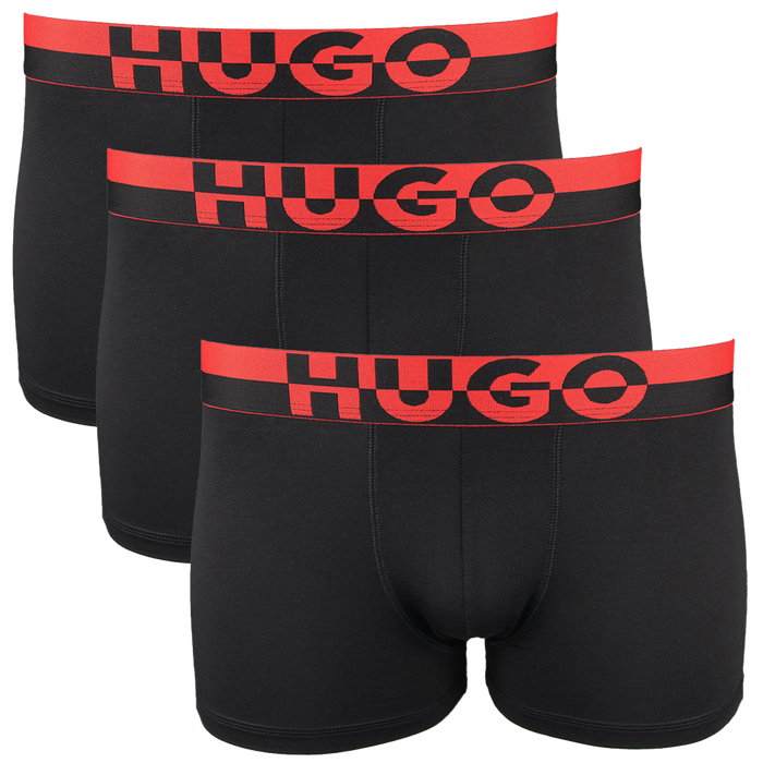Three black modal boxer trunks with split Hugo logo waistband.