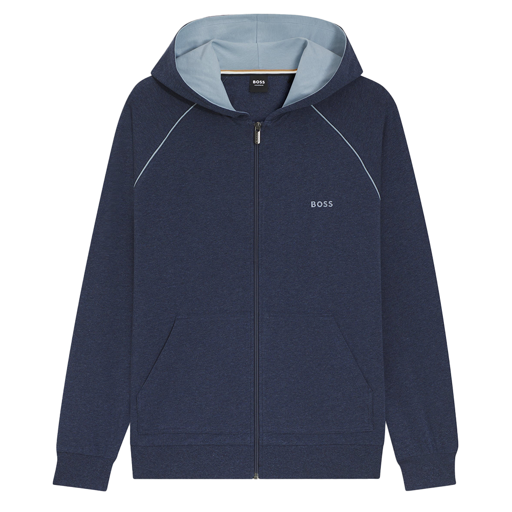Navy blue hoodie with a small logo on a white background