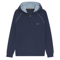 Navy blue hoodie with a small logo on a white background