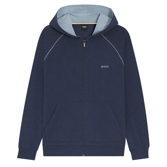 Navy blue hoodie with a small logo on a white background