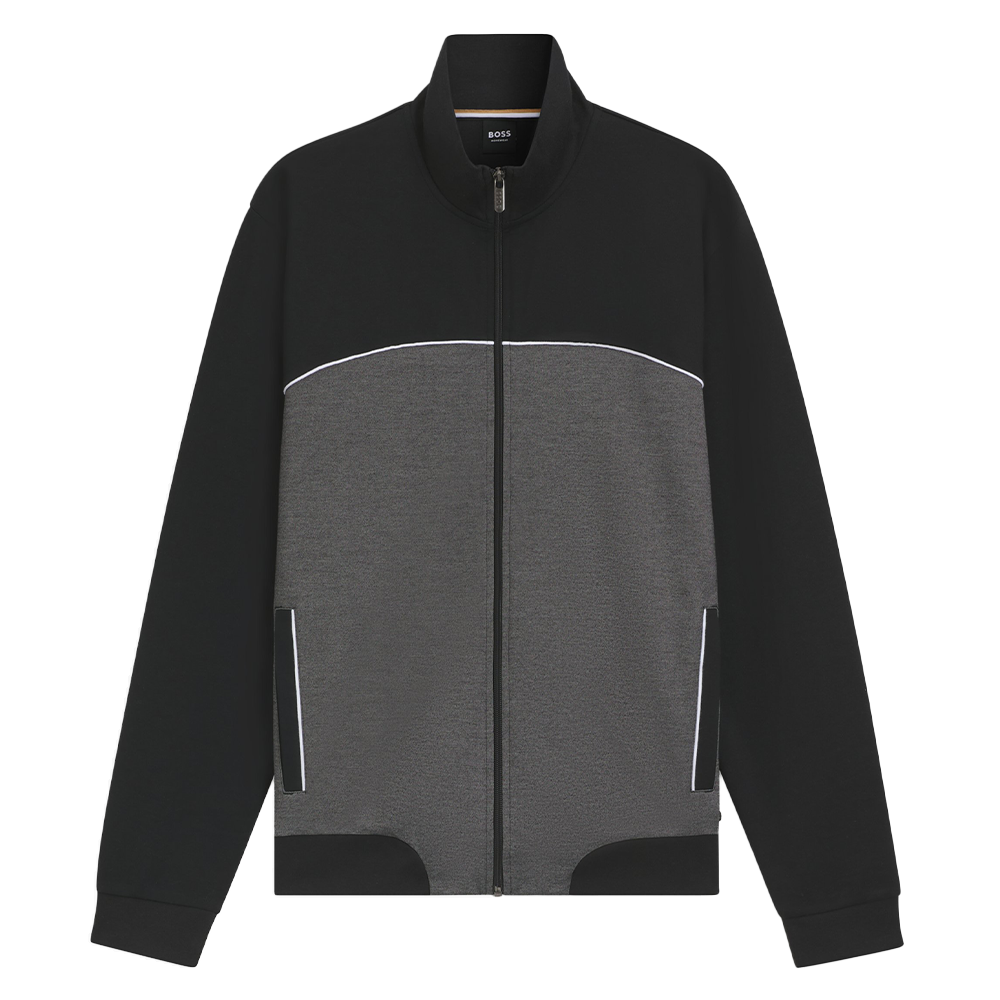 Black and gray jacket with a zipper on a white background