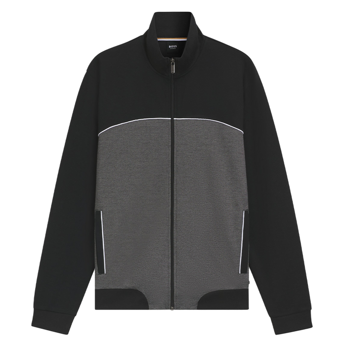 Black and gray jacket with a zipper on a white background