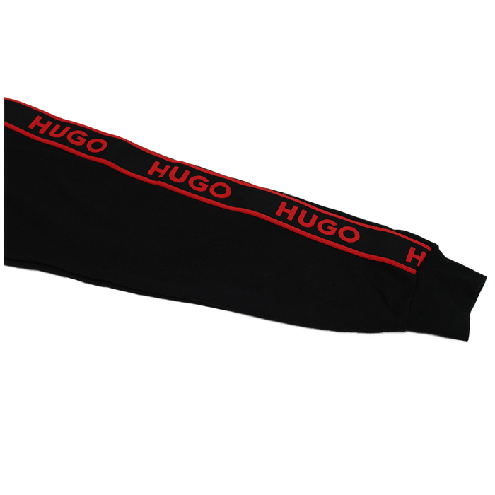 Black sleeve with red 'HUGO' branding on a white background