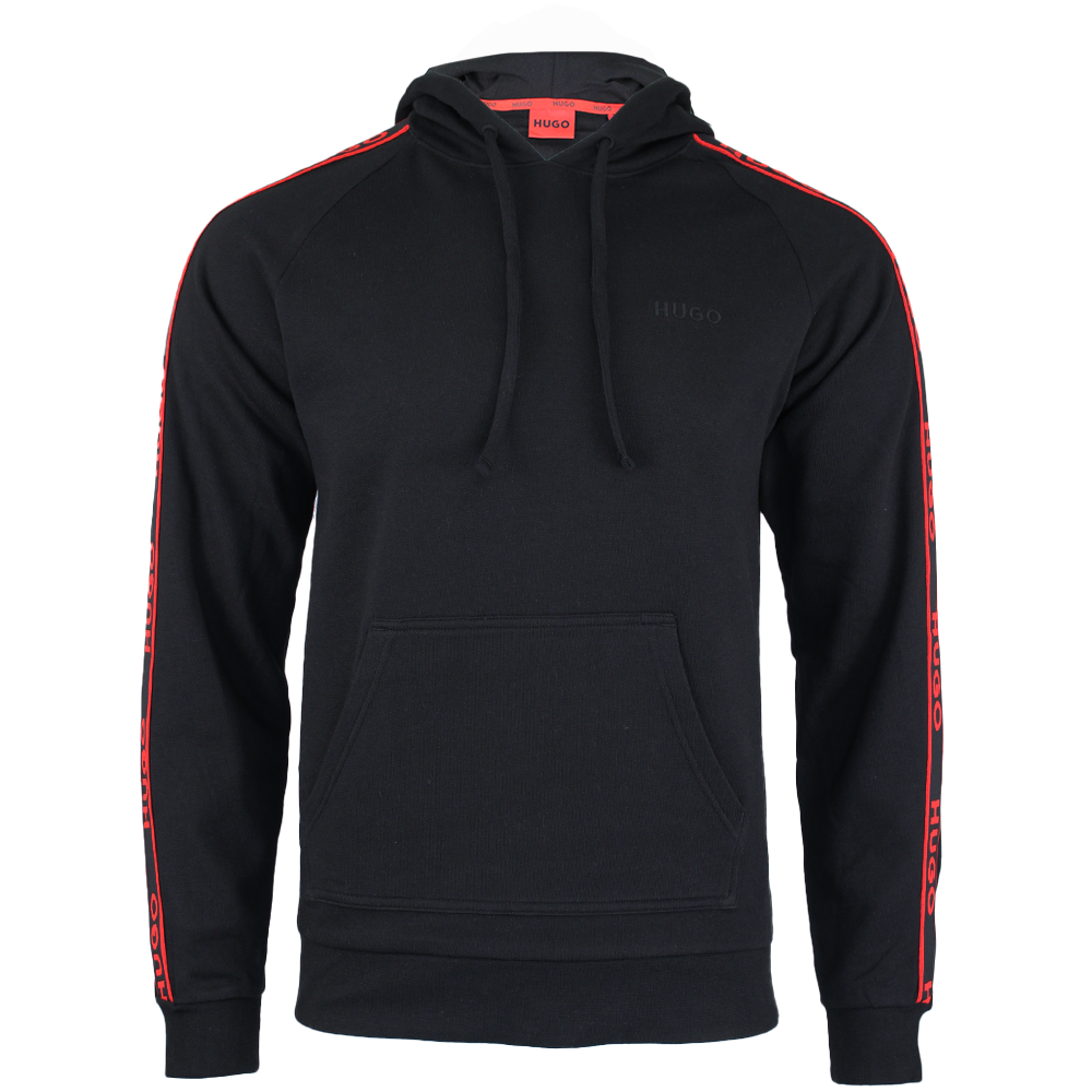 Black hoodie with red stripes on sleeves on a white background