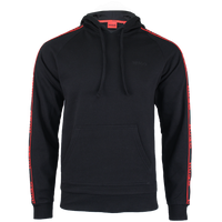 Black hoodie with red stripes on sleeves on a white background