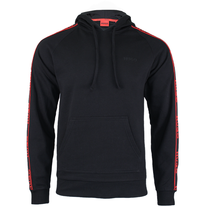 Black hoodie with red stripes on sleeves on a white background