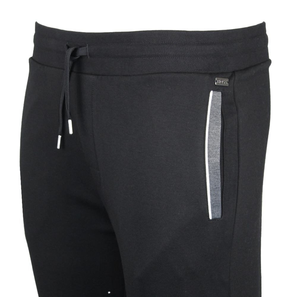 black lounge pants with grey and white pocket detail