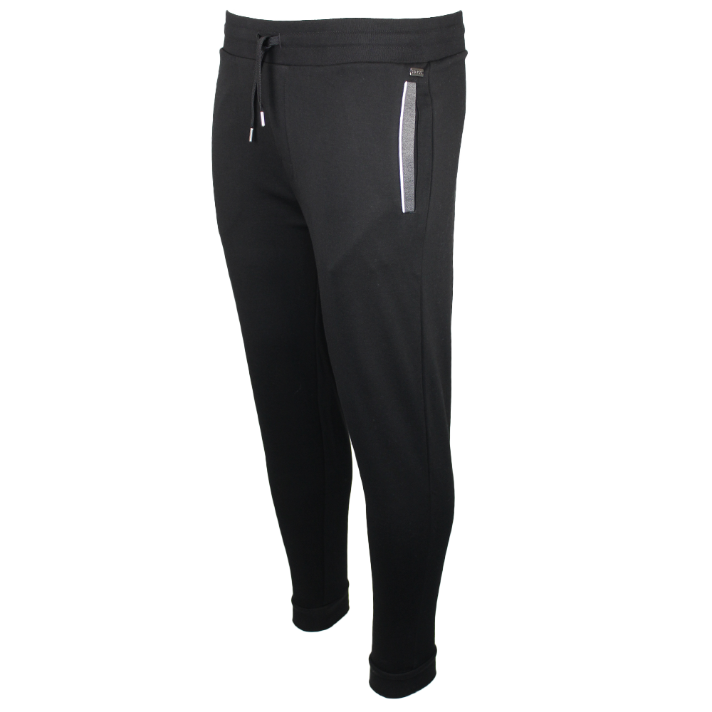 black lounge pants with grey and white pocket