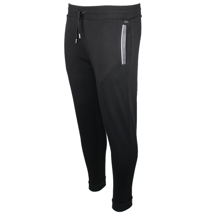black lounge pants with grey and white pocket