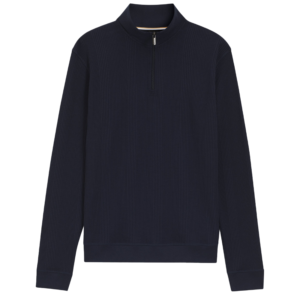 Navy blue ribbed sweater with a quarter zip on a white background