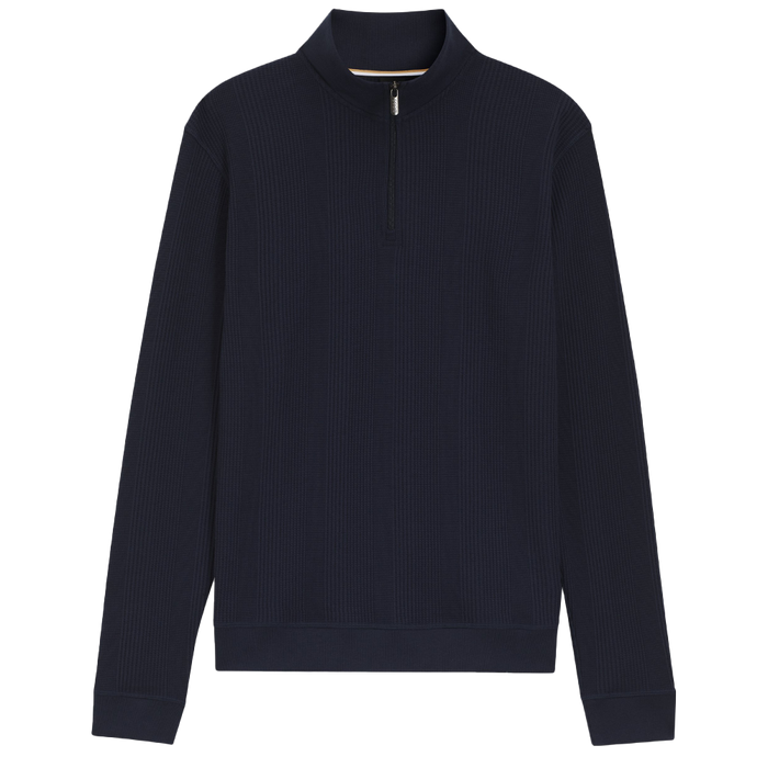 Navy blue ribbed sweater with a quarter zip on a white background