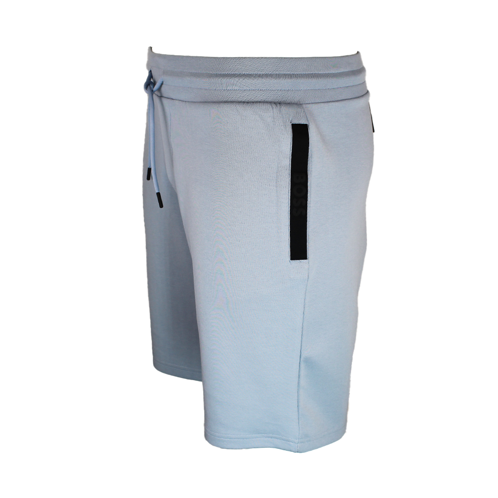 Light blue shorts with a black stripe on a white background