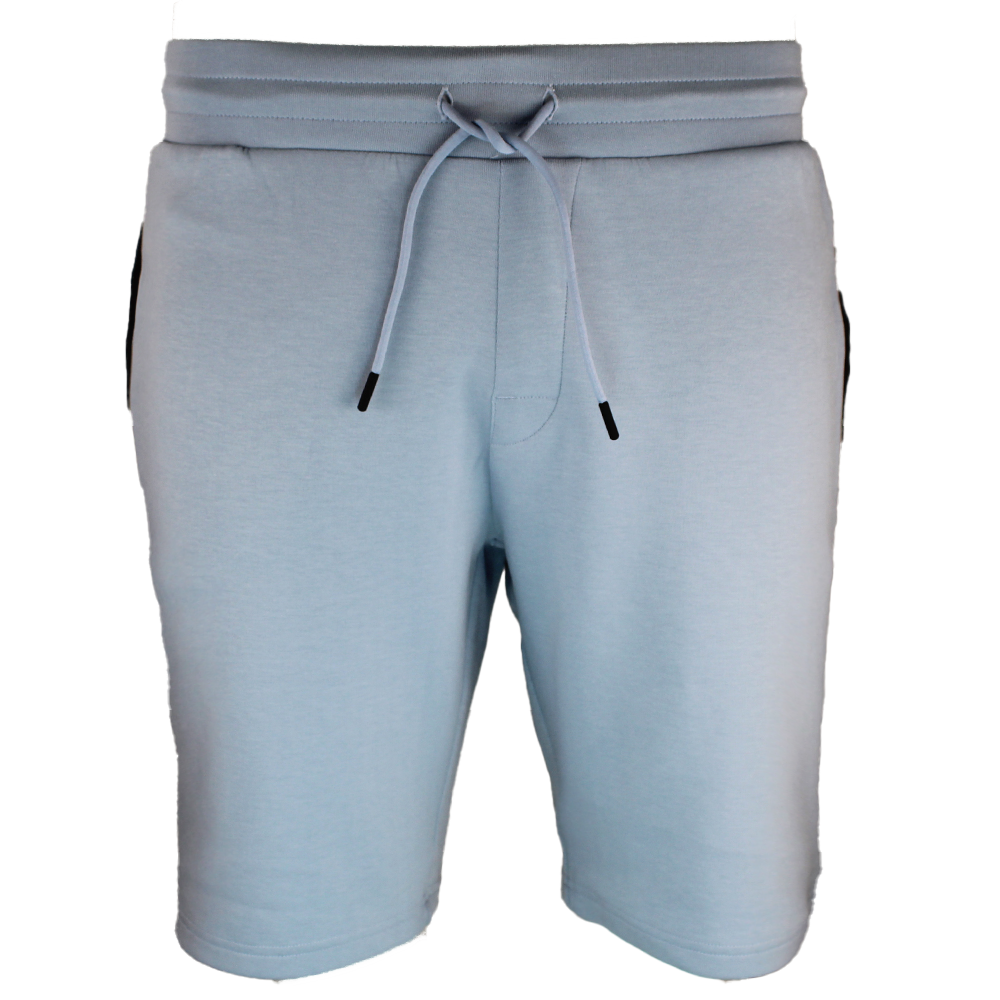 Light blue shorts with a drawstring on a white background