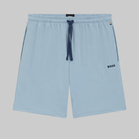 Light blue shorts with a brand logo on a white background
