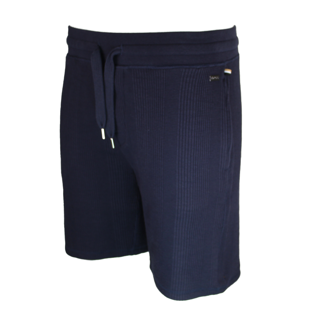 Navy blue shorts with a drawstring on a white background