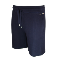 Navy blue shorts with a drawstring on a white background