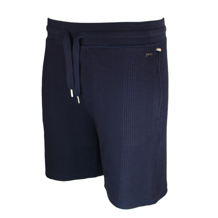 Navy blue shorts with a drawstring on a white background