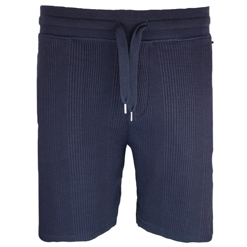Navy blue textured shorts with a drawstring on a white background