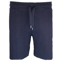 Navy blue textured shorts with a drawstring on a white background