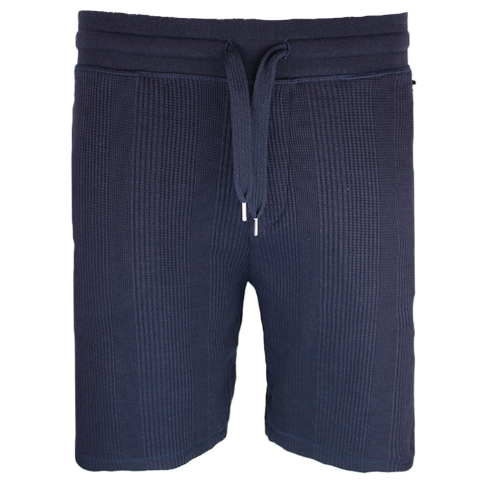 Navy blue textured shorts with a drawstring on a white background