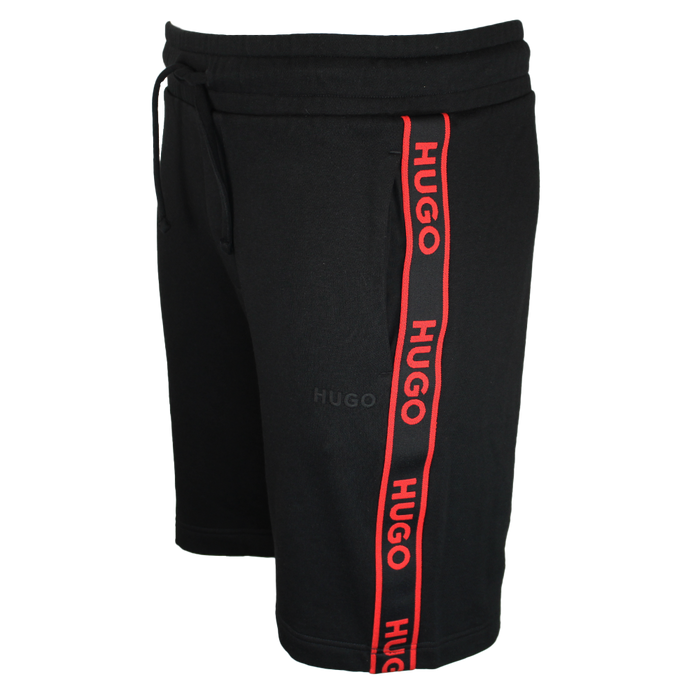 Black shorts with red Hugo branding repeated on leg