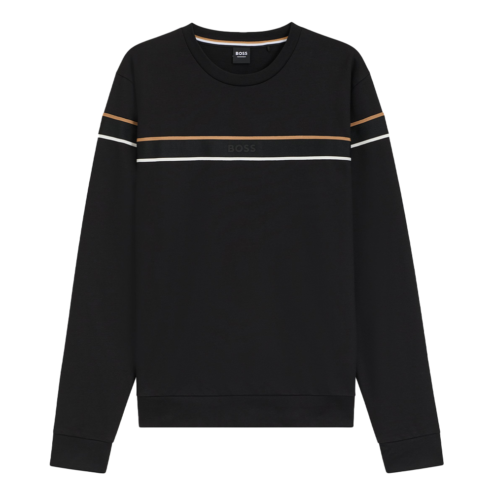 Black sweatshirt with white and gold stripes on a white background