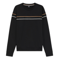 Black sweatshirt with white and gold stripes on a white background
