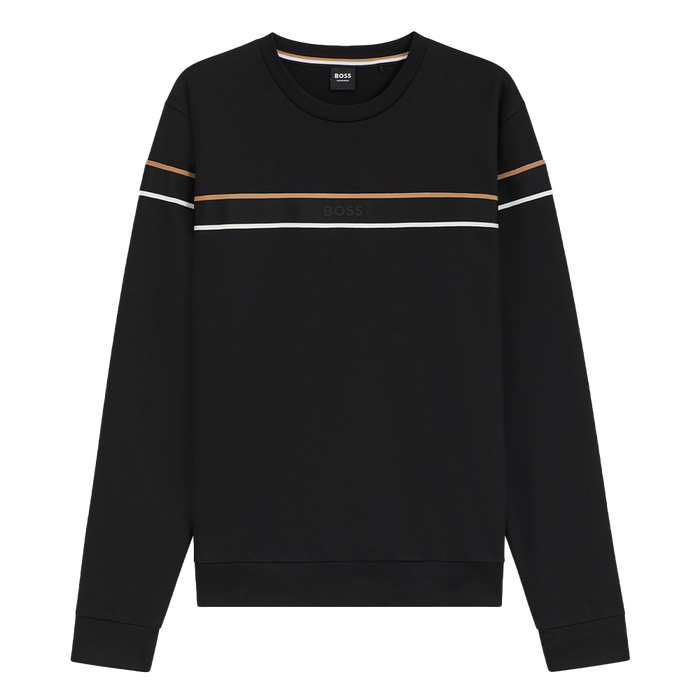 Black sweatshirt with white and gold stripes on a white background