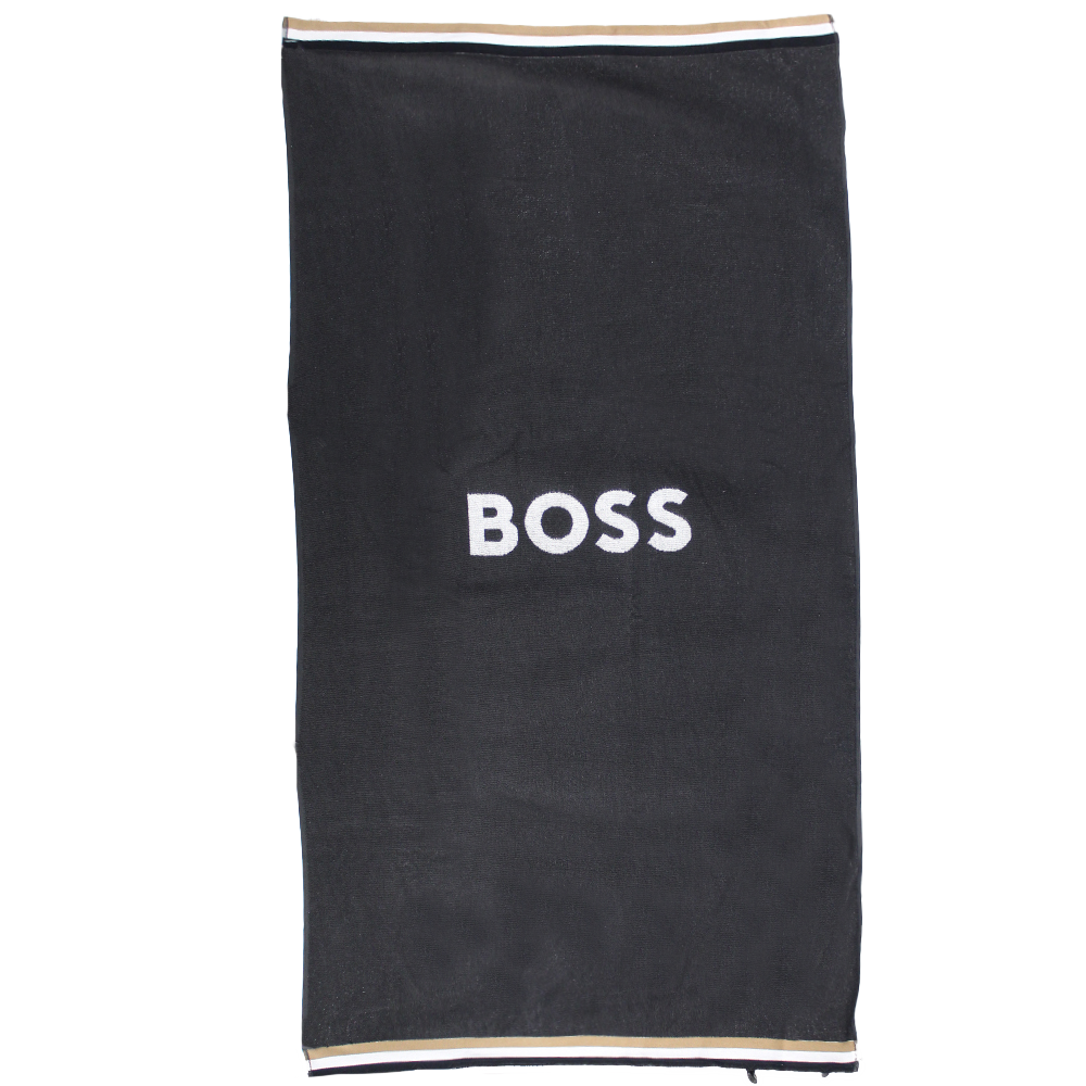 Black towel with 'BOSS' logo on a white background