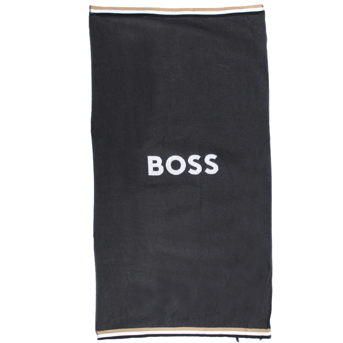 Black towel with 'BOSS' logo on a white background