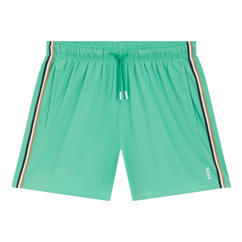 Green swim shorts with striped side panels on a white background