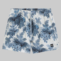 A pair of BOSS Piranha Swim Shorts in blue with a leafy floral pattern and an elasticated waistband.