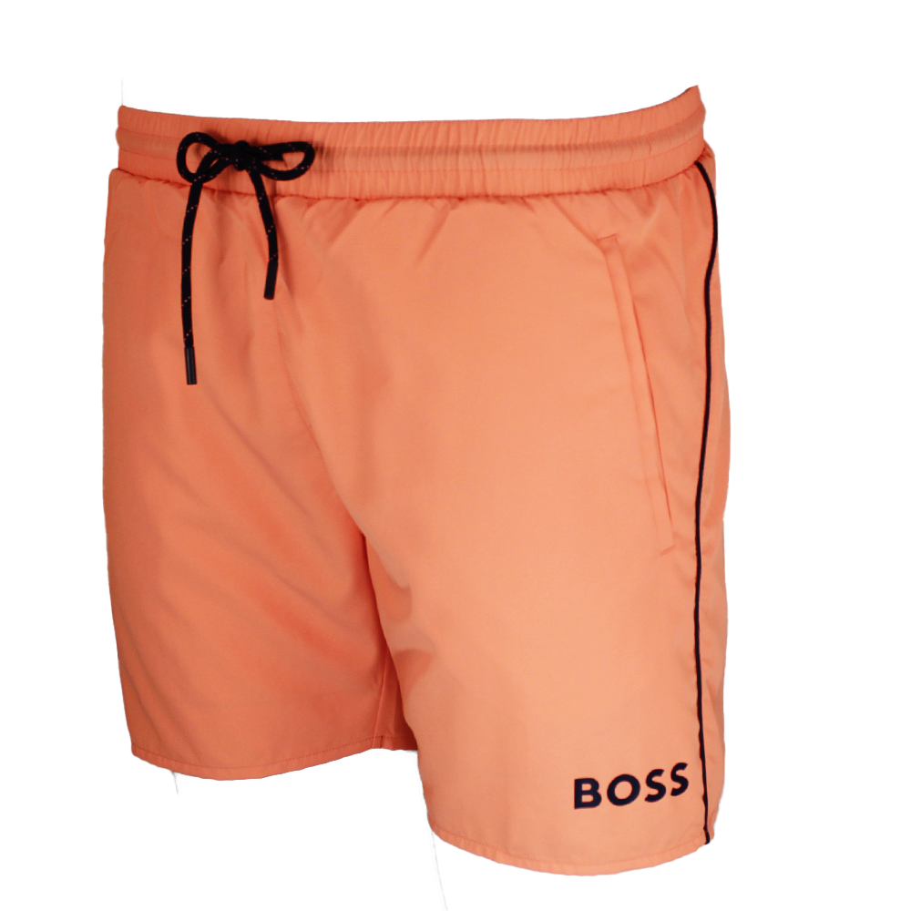 Orange shorts with black drawstring and piping on a white background