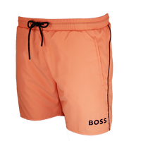 Orange shorts with black drawstring and piping on a white background
