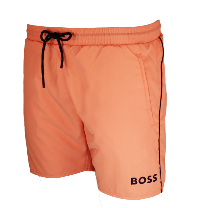 Orange shorts with black drawstring and piping on a white background
