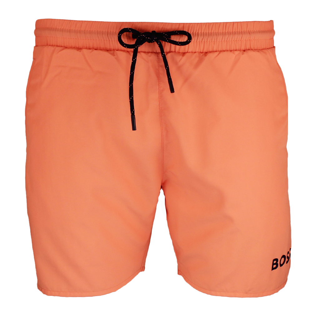 Orange swim shorts with a black drawstring and 'Boss' branding on a white background
