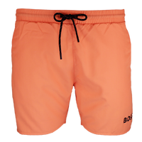 Orange swim shorts with a black drawstring and 'Boss' branding on a white background