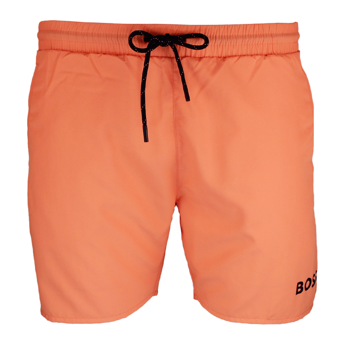 Orange swim shorts with a black drawstring and 'Boss' branding on a white background