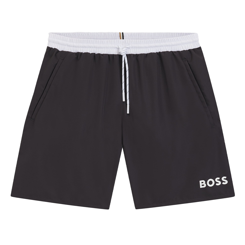 Black swim shorts with a white drawstring and 'BOSS' logo on a white background