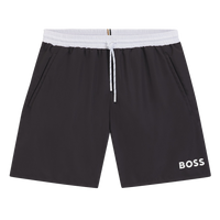 Black swim shorts with a white drawstring and 'BOSS' logo on a white background